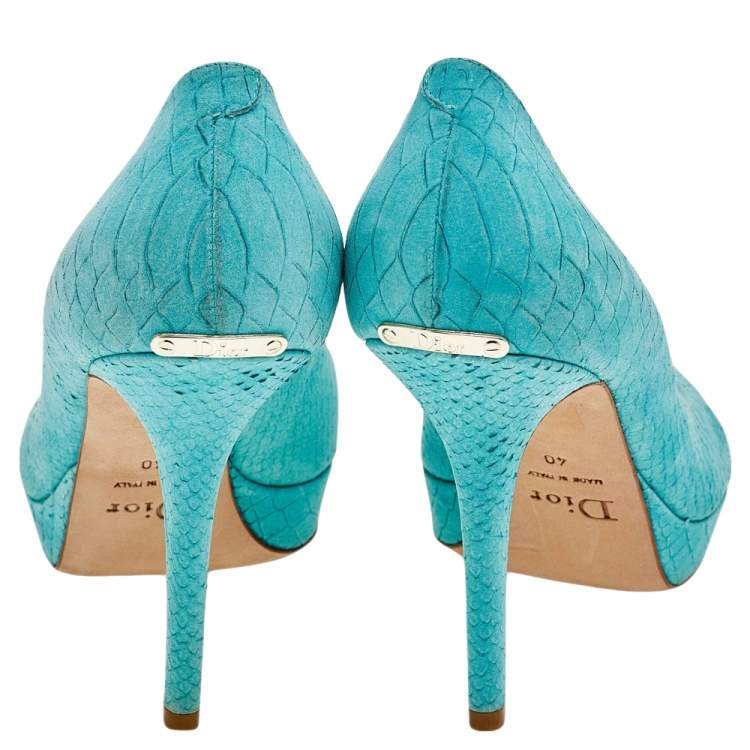 Pre Owned Dior Aqua Blue Python Embossed Suede Miss Dior Peep Toe Platform Pumps Size 40