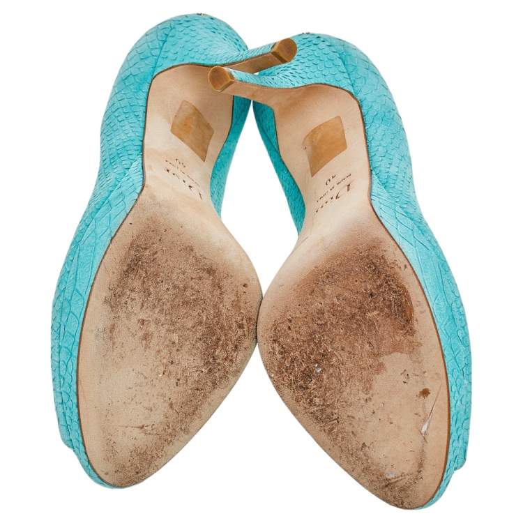 Pre Owned Dior Aqua Blue Python Embossed Suede Miss Dior Peep Toe Platform Pumps Size 40