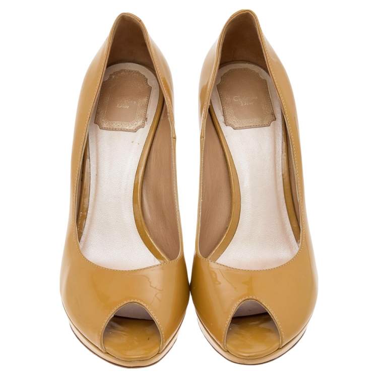 Pre Owned Dior Mustard Patent Leather Miss Dior Peep Toe Platform Pumps Size 40.5