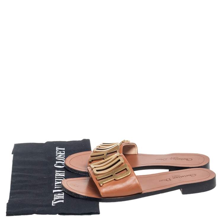 Pre Owned Dior Brown Leather Revolution Logo Slide Sandals Size 38