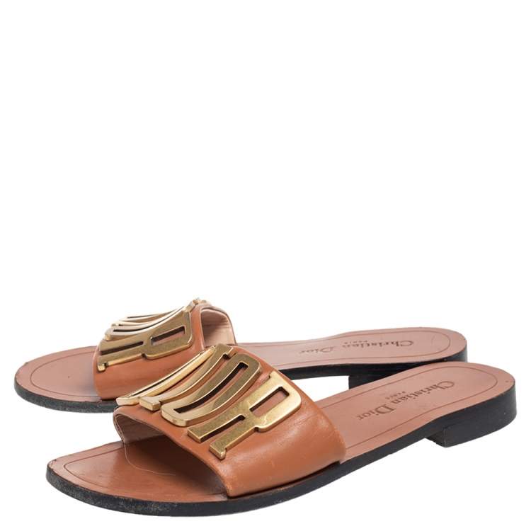 Pre Owned Dior Brown Leather Revolution Logo Slide Sandals Size 38