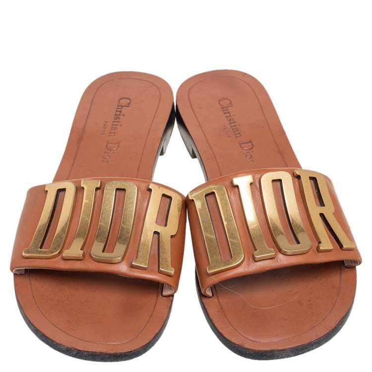 Pre Owned Dior Brown Leather Revolution Logo Slide Sandals Size 38