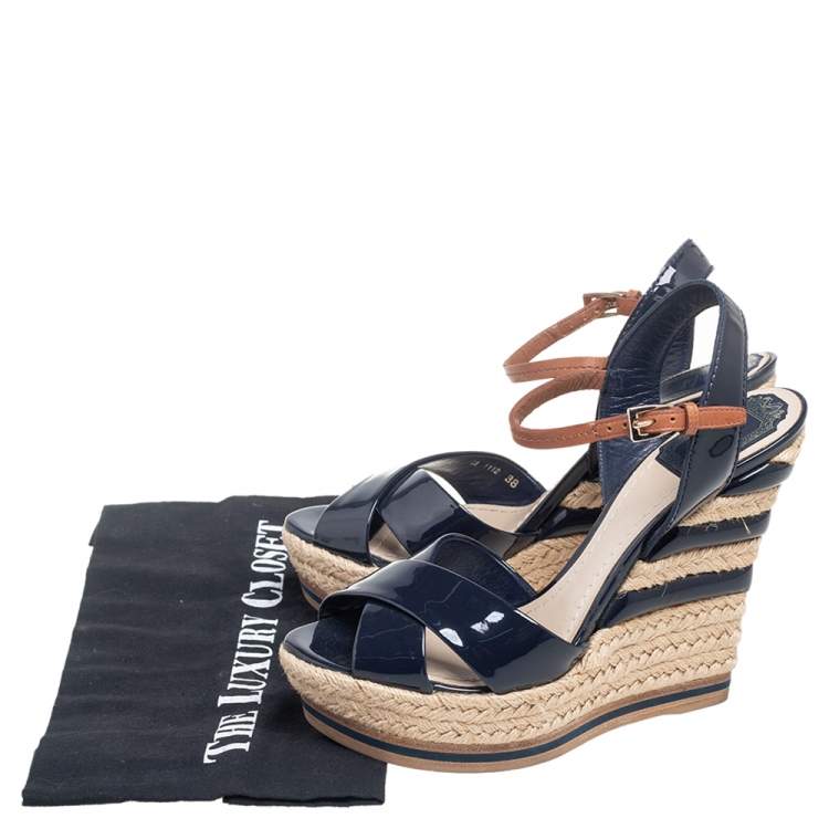 Pre Owned Dior Blue Patent Leather Riviera Ankle-Strap Wedge Sandals Size 38