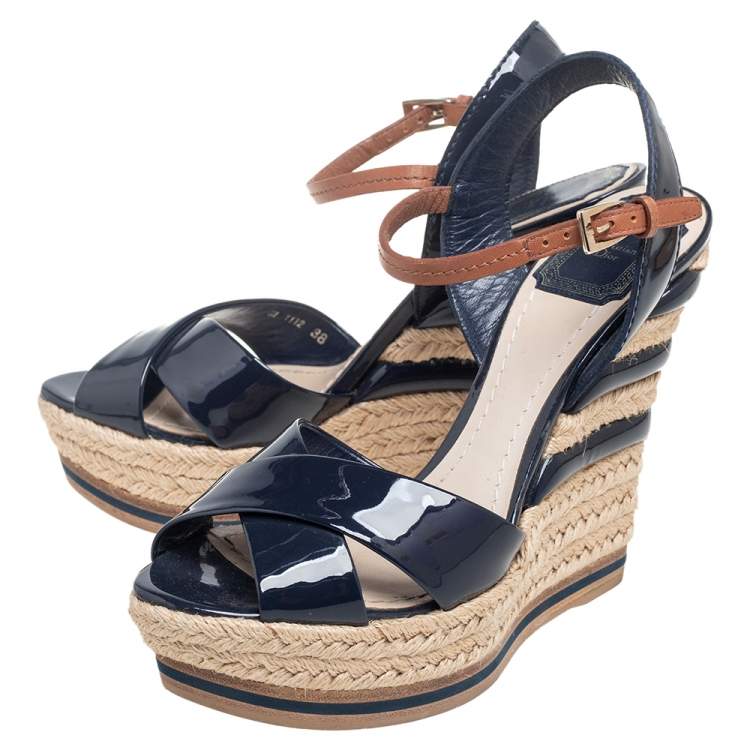 Pre Owned Dior Blue Patent Leather Riviera Ankle-Strap Wedge Sandals Size 38