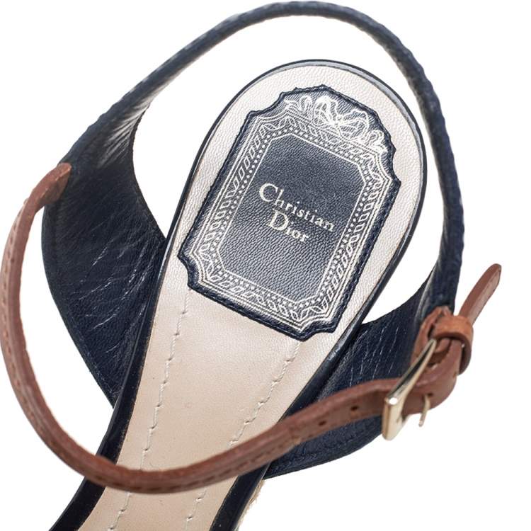 Pre Owned Dior Blue Patent Leather Riviera Ankle-Strap Wedge Sandals Size 38