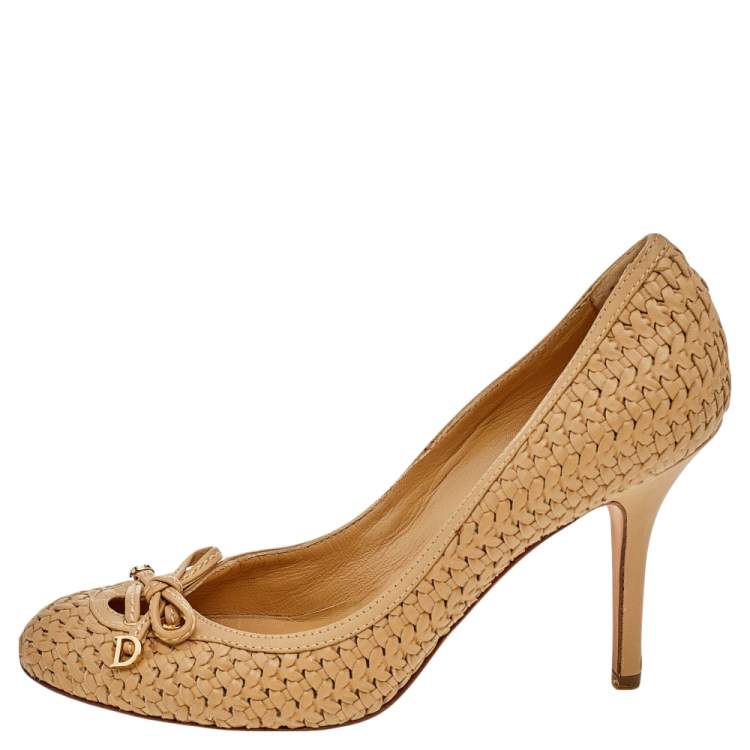Pre Owned Dior Beige Woven Leather Bow Knot Round Toe Pumps Size 40