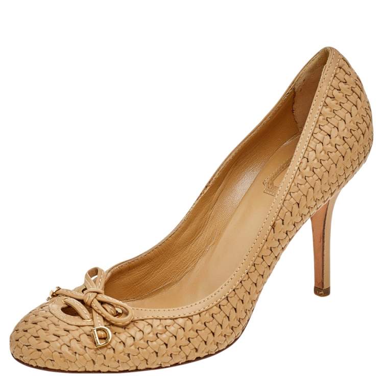Pre Owned Dior Beige Woven Leather Bow Knot Round Toe Pumps Size 40