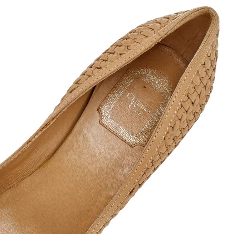 Pre Owned Dior Beige Woven Leather Bow Knot Round Toe Pumps Size 40