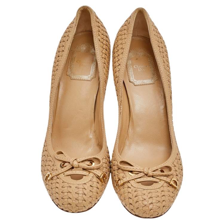 Pre Owned Dior Beige Woven Leather Bow Knot Round Toe Pumps Size 40