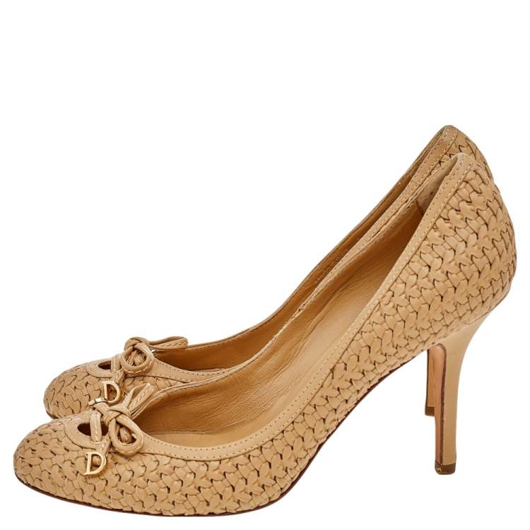 Pre Owned Dior Beige Woven Leather Bow Knot Round Toe Pumps Size 40