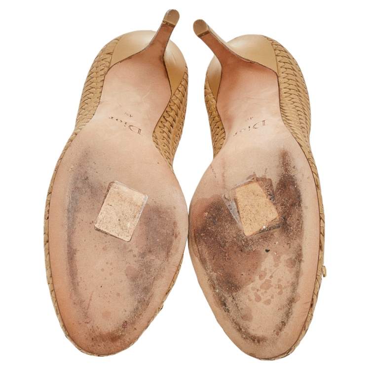 Pre Owned Dior Beige Woven Leather Bow Knot Round Toe Pumps Size 40