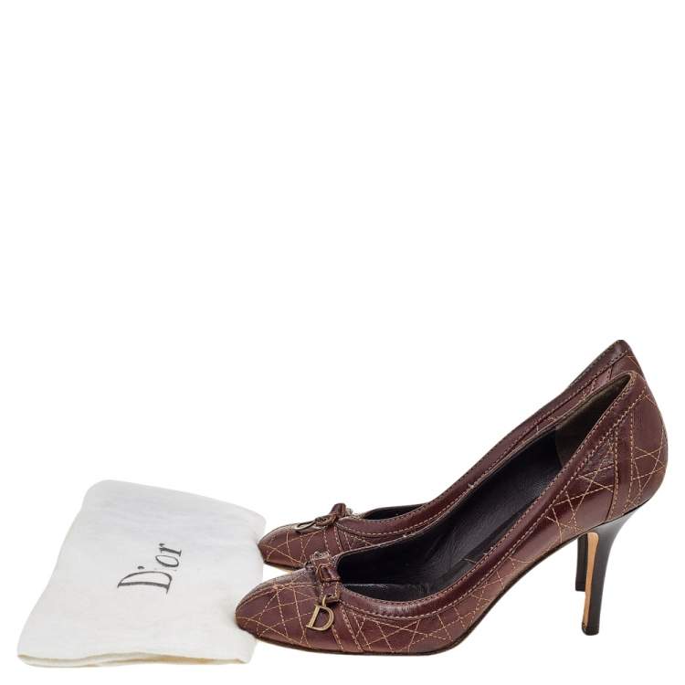Pre Owned Dior Brown Cannage Leather Bow Detail Round Toe Pumps Size 40.5