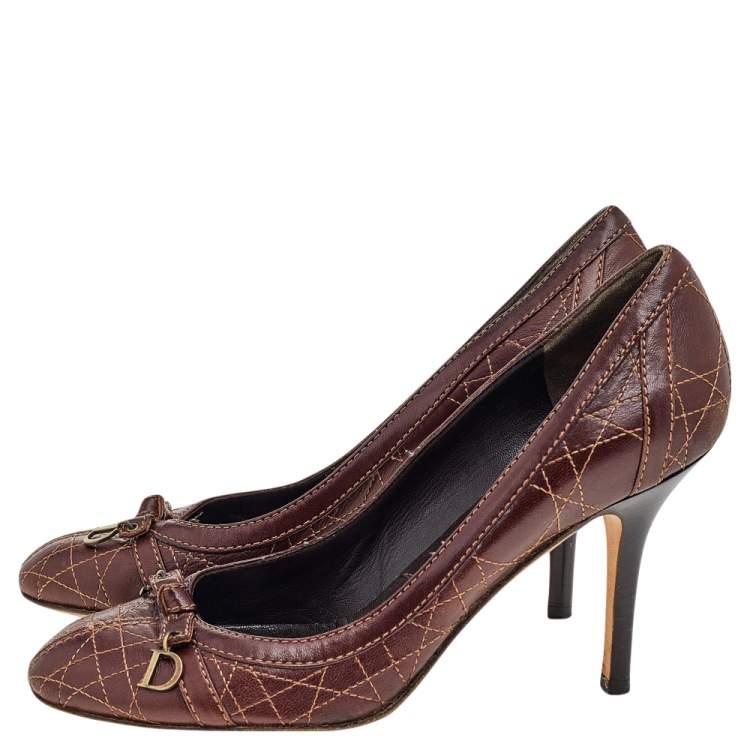 Pre Owned Dior Brown Cannage Leather Bow Detail Round Toe Pumps Size 40.5