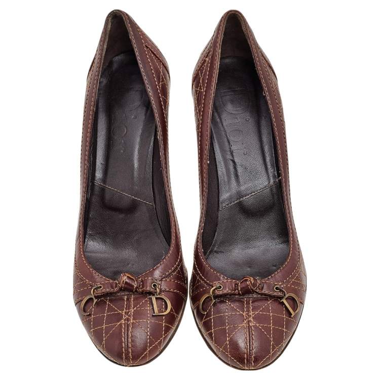 Pre Owned Dior Brown Cannage Leather Bow Detail Round Toe Pumps Size 40.5