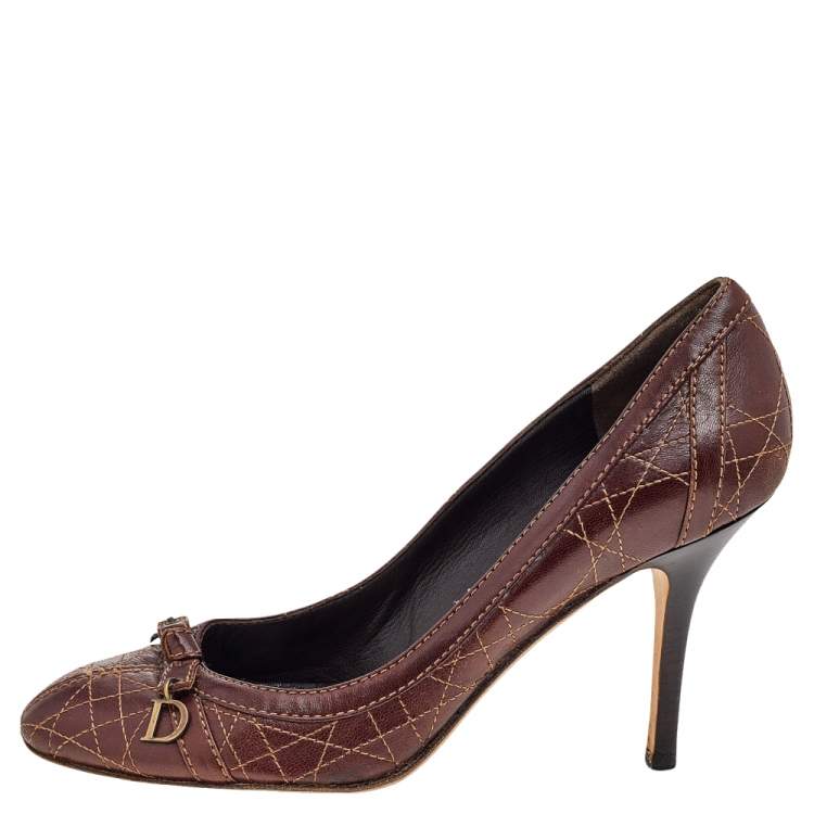 Pre Owned Dior Brown Cannage Leather Bow Detail Round Toe Pumps Size 40.5