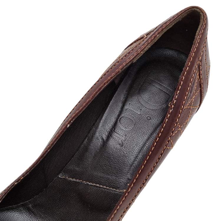 Pre Owned Dior Brown Cannage Leather Bow Detail Round Toe Pumps Size 40.5