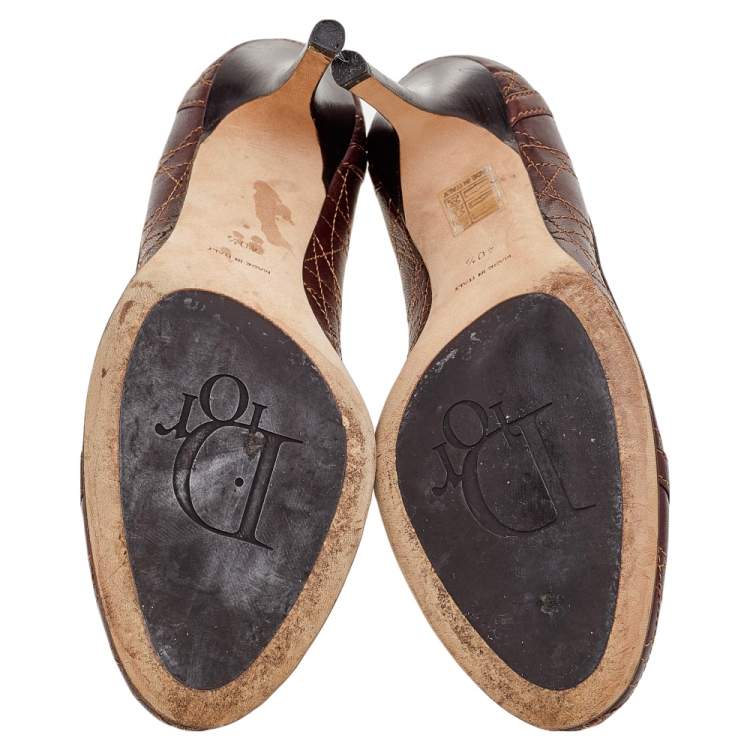 Pre Owned Dior Brown Cannage Leather Bow Detail Round Toe Pumps Size 40.5