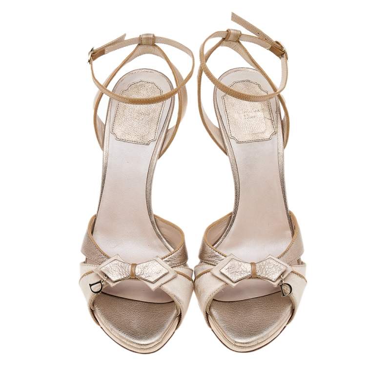 Pre Owned Dior Metallic Beige Leather And Satin Bow Ankle Strap Sandals Size 37