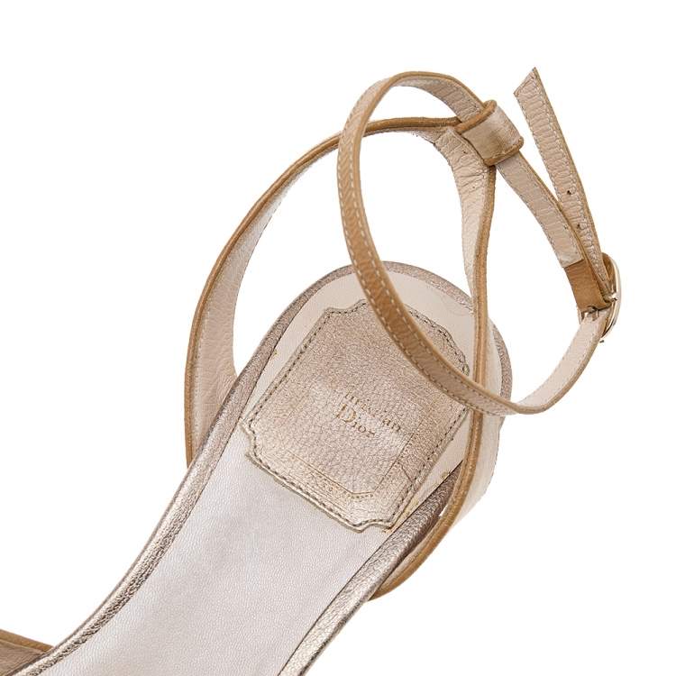 Pre Owned Dior Metallic Beige Leather And Satin Bow Ankle Strap Sandals Size 37