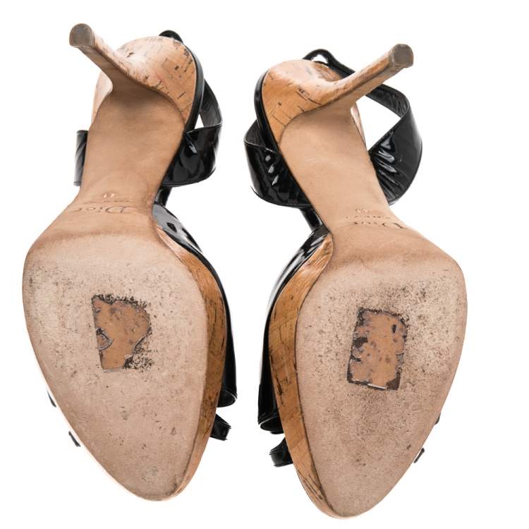 Pre Owned Dior Black Patent Leather Bow Detail Slingback Sandals Size 39