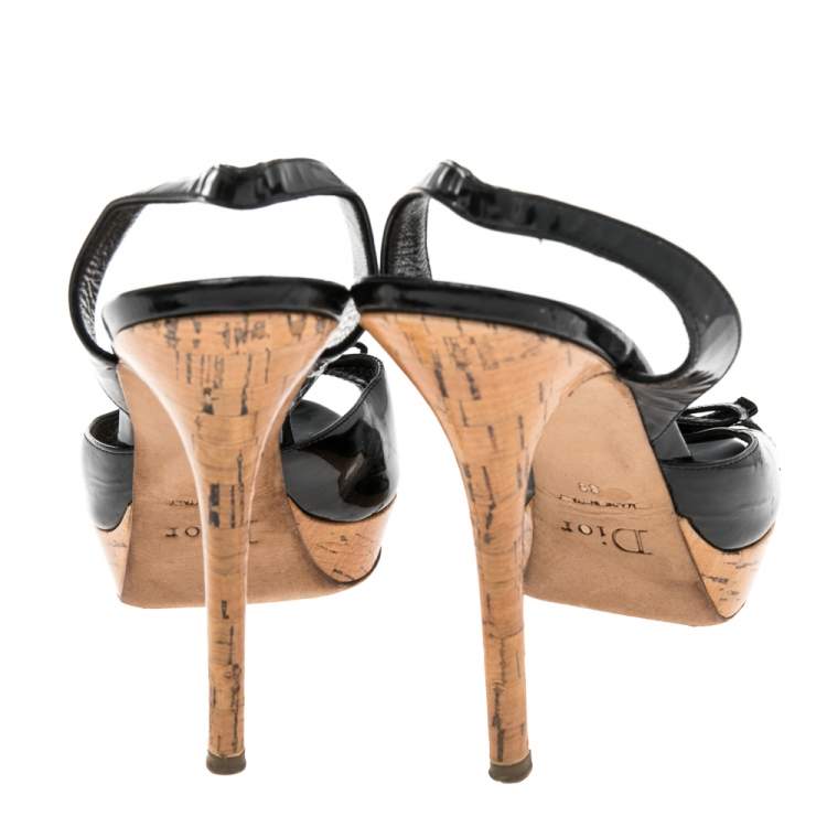 Pre Owned Dior Black Patent Leather Bow Detail Slingback Sandals Size 39