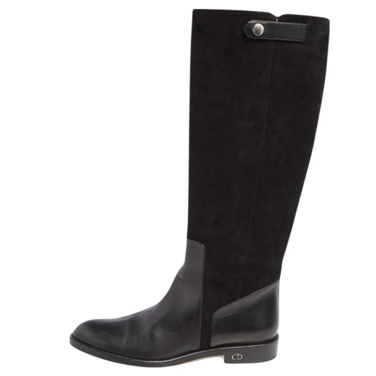 مملوكة مسبقًا Dior Black Suede And Leather Knee Length Boots Size 36.5