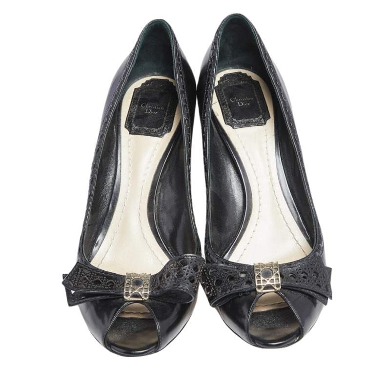 Pre Owned Dior Black Patent Leather Bow Peep Toe Pumps Size 40