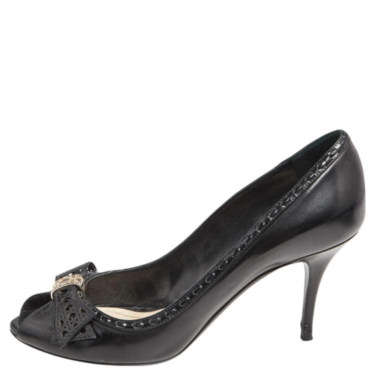 Pre Owned Dior Black Patent Leather Bow Peep Toe Pumps Size 40