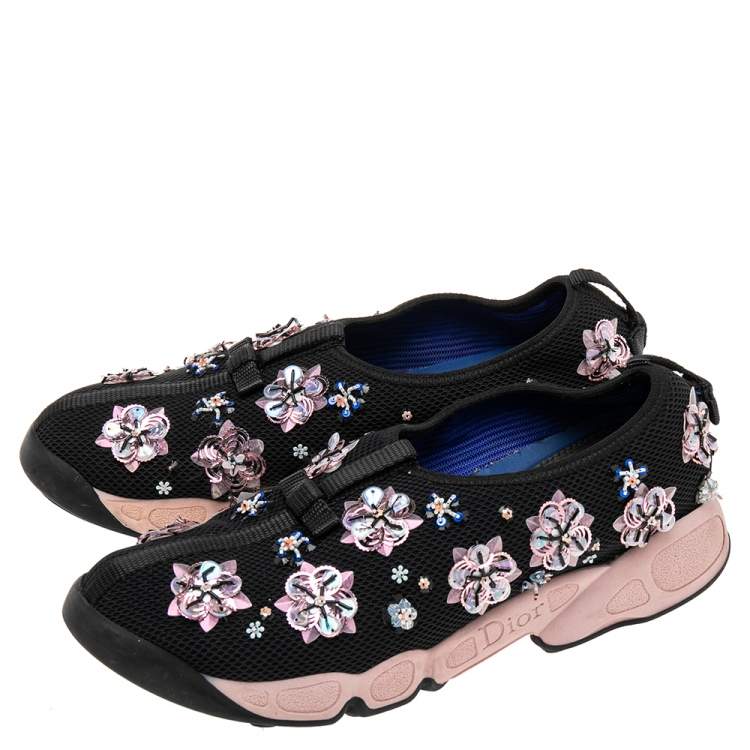 Pre Owned Dior Black/Pink Mesh Fusion Embellished Low-Top Sneakers Size 37