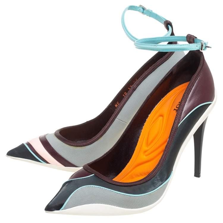 Pre Owned Dior Multicolor Mesh And Leather Pointed Toe Ankle Strap Pumps Size 37