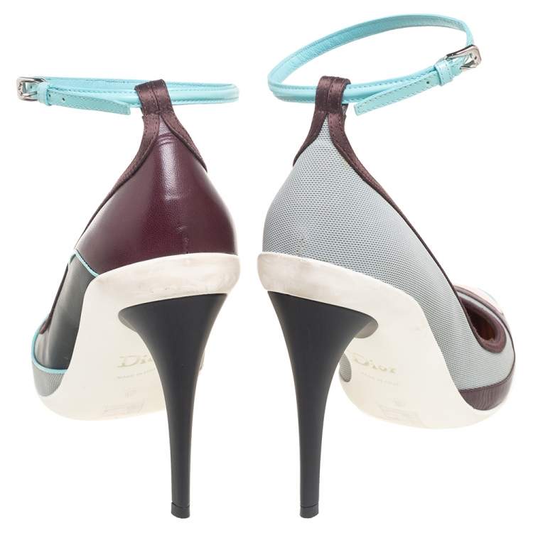 Pre Owned Dior Multicolor Mesh And Leather Pointed Toe Ankle Strap Pumps Size 37