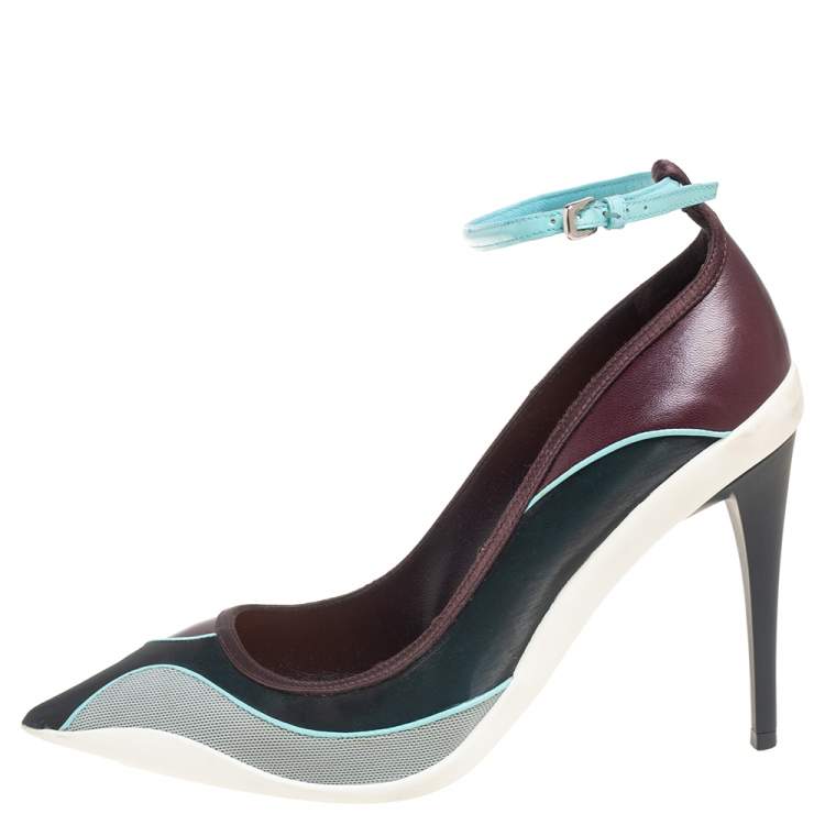 Pre Owned Dior Multicolor Mesh And Leather Pointed Toe Ankle Strap Pumps Size 37