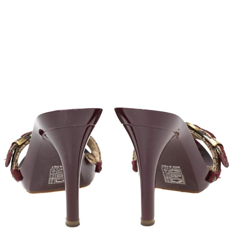Pre Owned Dior Burgundy Canvas and Suede Buckle Logo Slip-On Sandals Size 36.5