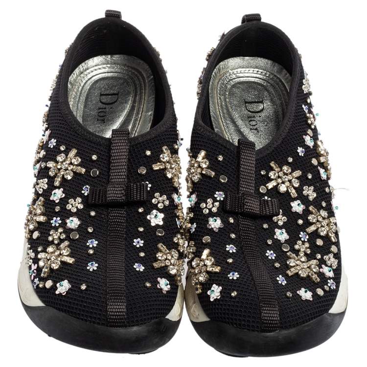 Pre Owned Dior Black Mesh Fusion Crystal Embellished Slip On Sneakers  Size 37