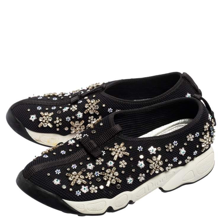 Pre Owned Dior Black Mesh Fusion Crystal Embellished Slip On Sneakers  Size 37