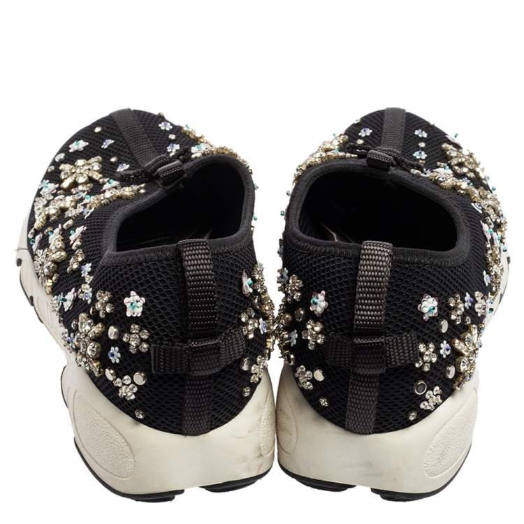 Pre Owned Dior Black Mesh Fusion Crystal Embellished Slip On Sneakers  Size 37