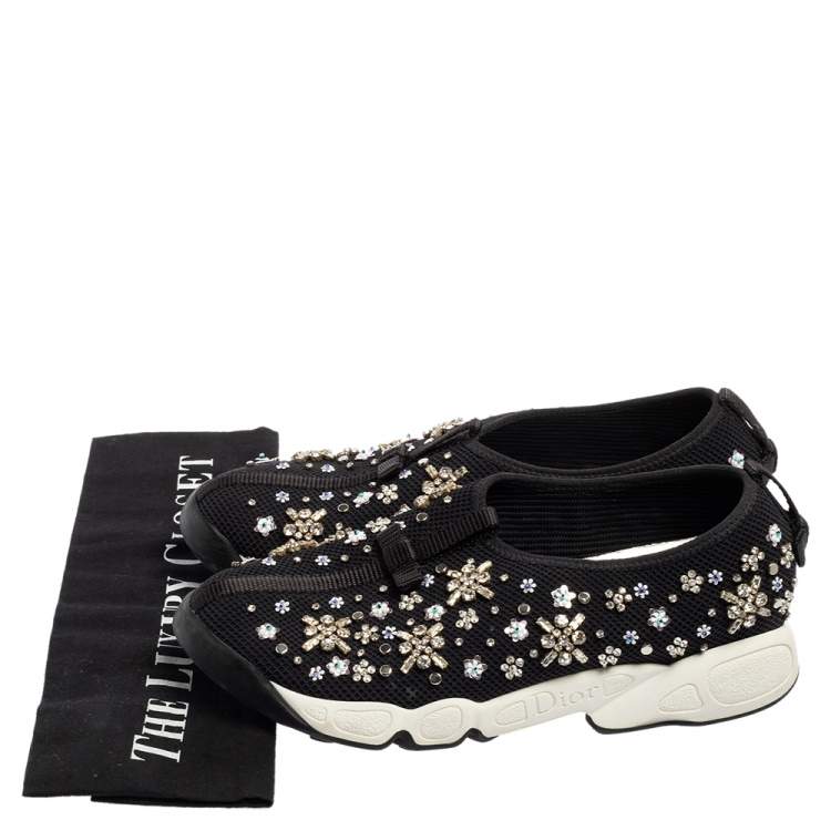 Pre Owned Dior Black Mesh Fusion Crystal Embellished Slip On Sneakers  Size 37