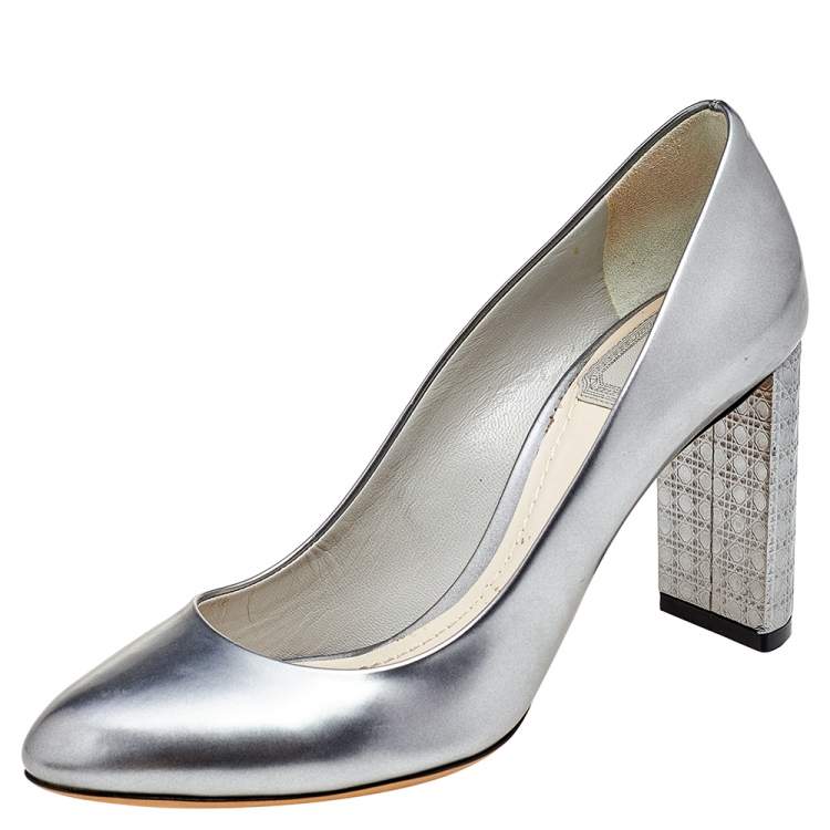 Pre Owned Dior Metallic Silver Leather Cannage Block Heel Pumps Size 36.5