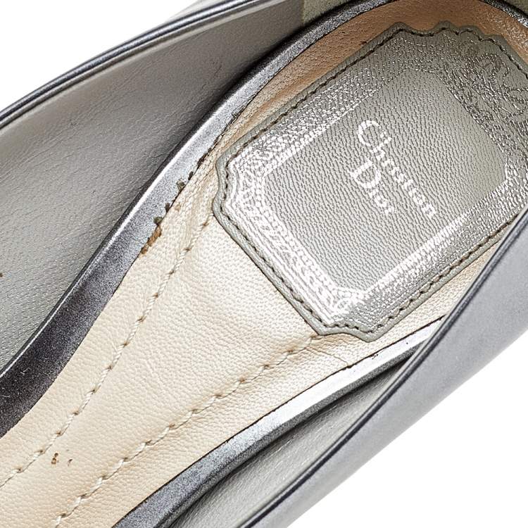 Pre Owned Dior Metallic Silver Leather Cannage Block Heel Pumps Size 36.5