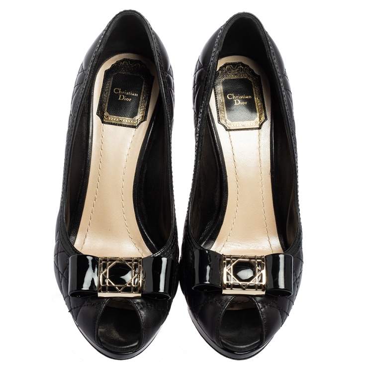 Pre Owned Dior Black Cannage Leather Bow Peep Toe Platform Pumps Size 37