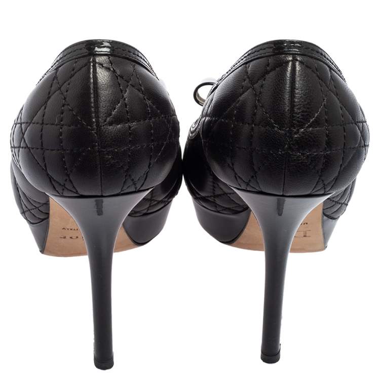 Pre Owned Dior Black Cannage Leather Bow Peep Toe Platform Pumps Size 37