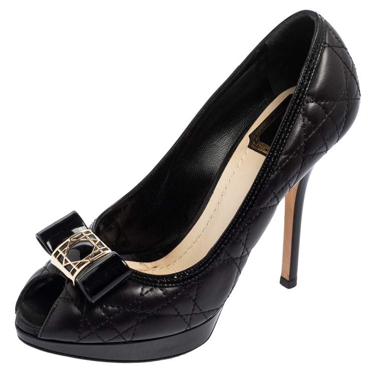 Pre Owned Dior Black Cannage Leather Bow Peep Toe Platform Pumps Size 37