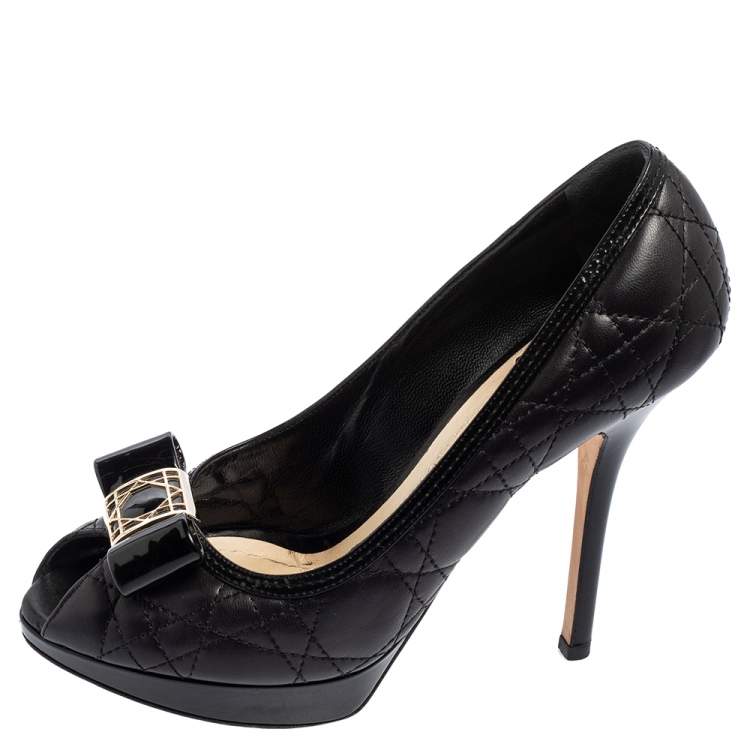 Pre Owned Dior Black Cannage Leather Bow Peep Toe Platform Pumps Size 37
