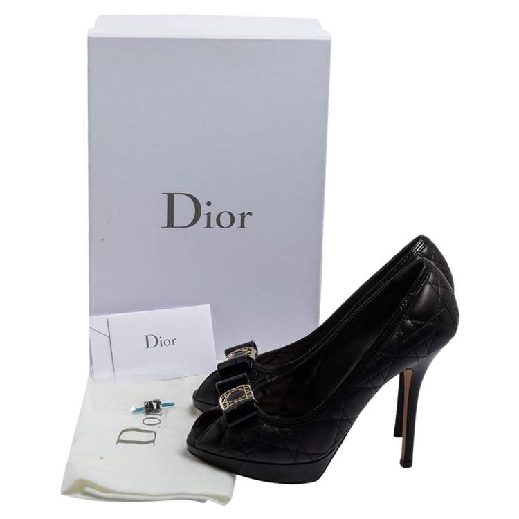 Pre Owned Dior Black Cannage Leather Bow Peep Toe Platform Pumps Size 37