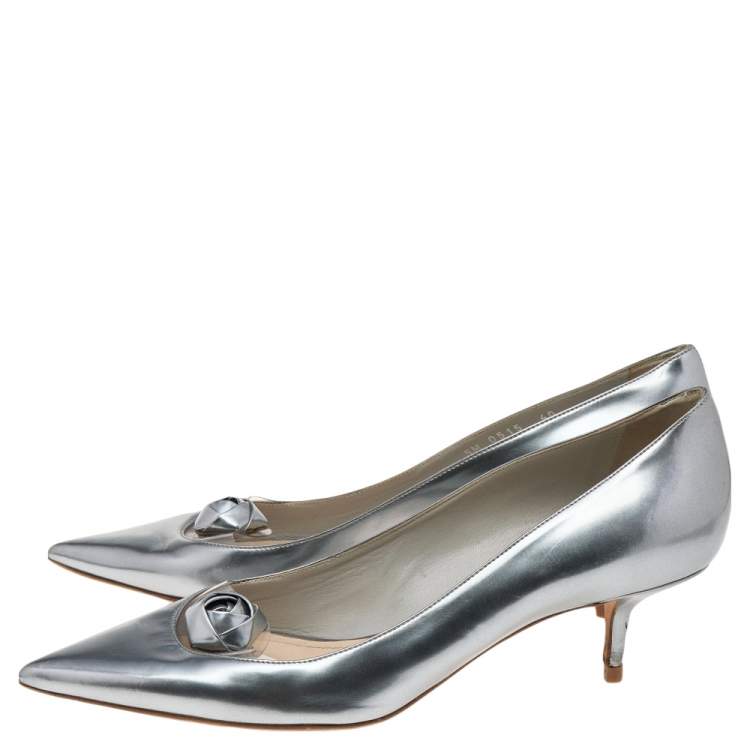 Pre Owned Dior Metallic Silver Leather And PVC Pointed Toe Pumps Size 40