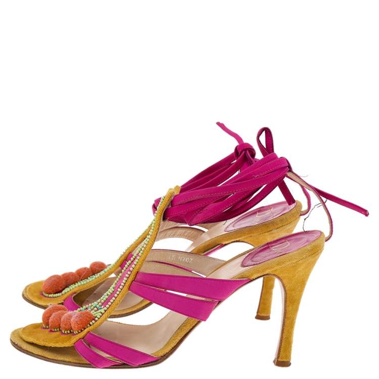 مملوكة مسبقًا Dior Pink/Yellow Canvas And Suede Pom Pom Embellished Sandals Size 38.5