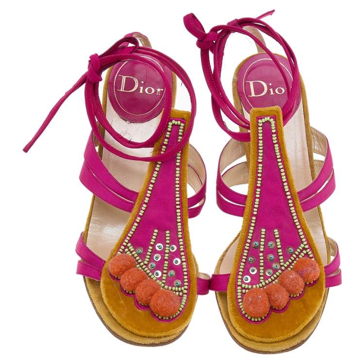 مملوكة مسبقًا Dior Pink/Yellow Canvas And Suede Pom Pom Embellished Sandals Size 38.5