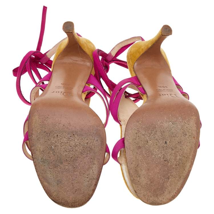 مملوكة مسبقًا Dior Pink/Yellow Canvas And Suede Pom Pom Embellished Sandals Size 38.5