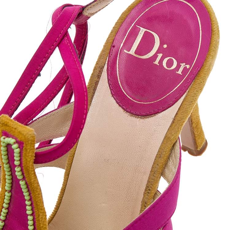 مملوكة مسبقًا Dior Pink/Yellow Canvas And Suede Pom Pom Embellished Sandals Size 38.5