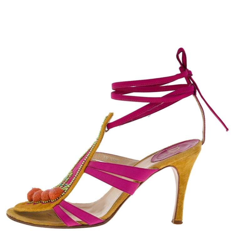 مملوكة مسبقًا Dior Pink/Yellow Canvas And Suede Pom Pom Embellished Sandals Size 38.5